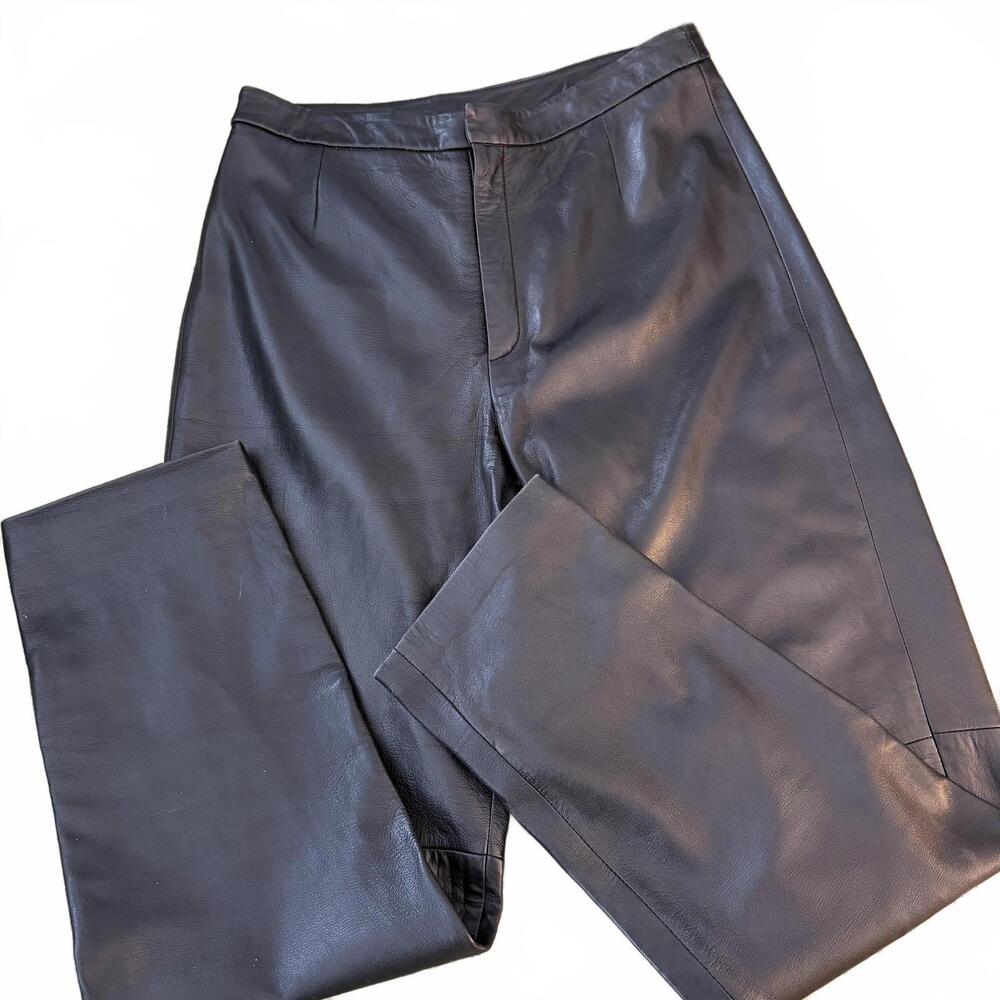 LAMBSKIN black leather Vintage straight leg pants. Womens Size 10R LANDS END Y2K